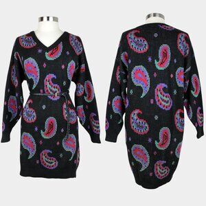 Vintage 80s Black Paisley Sweater Dress Size 14
